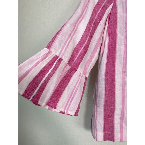 Charter Club Pink White Striped Linen Blouse size Medium Petite Lagenlook Bell S - Picture 5 of 13